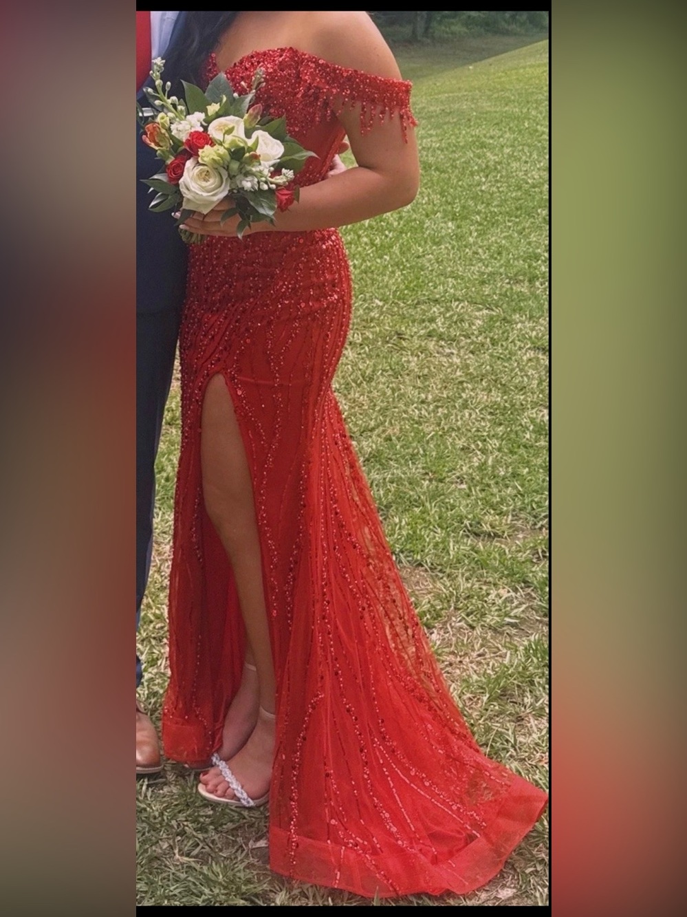 Tiffany Designs Red Beaded Prom Dress Evening Gown V-Neck with slit Size 2